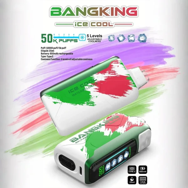 Bang-King-Ice-Cool-60000-西瓜冰.webp Bang King 60000 拋棄式電子煙|LED 螢幕顯示 × 五檔冰度調節|超長續航大容量・多款口味
