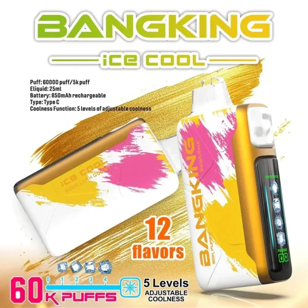 Bang-King-Ice-Cool-60000-酸甜多汁果凍.webp Bang King 60000 拋棄式電子煙|LED 螢幕顯示 × 五檔冰度調節|超長續航大容量・多款口味